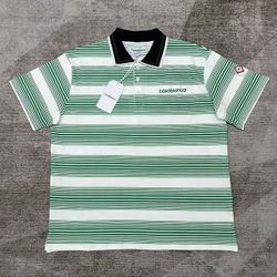 Casablanca Green And White Striped Embroidered Knit Polo Neck T Shirt 
