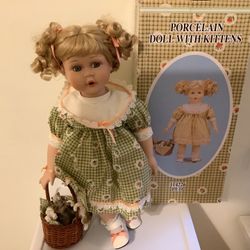 Vintage Porcelain Doll With Basket Of Kittens 15” Tall  New In Box 