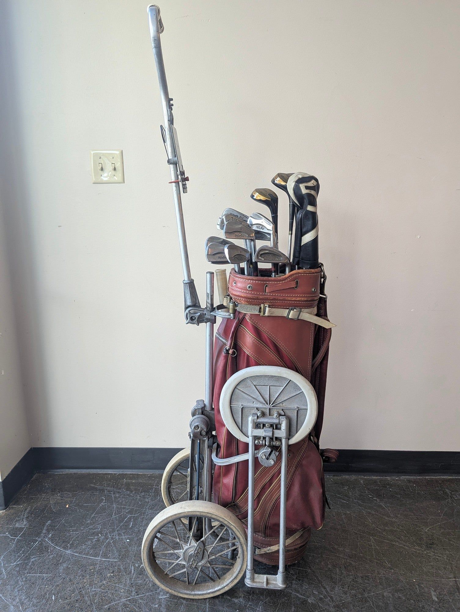 Vintage Bag Boy Golf Push Cart with Leather Golf Bag and Assorted Clubs