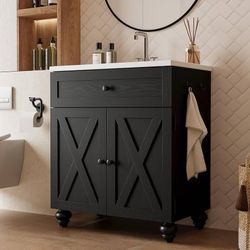 30 Inch Bathroom Vanity with Sink Easy-to-Install 30" Bathroom Vanity 2-Tier Large Storage Areas with Adjustable Shelves 4-Tier Storage Compartments T