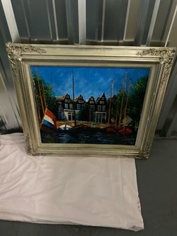 Framed Oil Painting Dutch Canal Scene