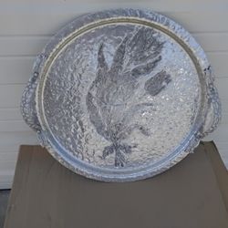 Nice Pewter Serving Platter With Dual Handles And Flower Design Super Clean Like New.