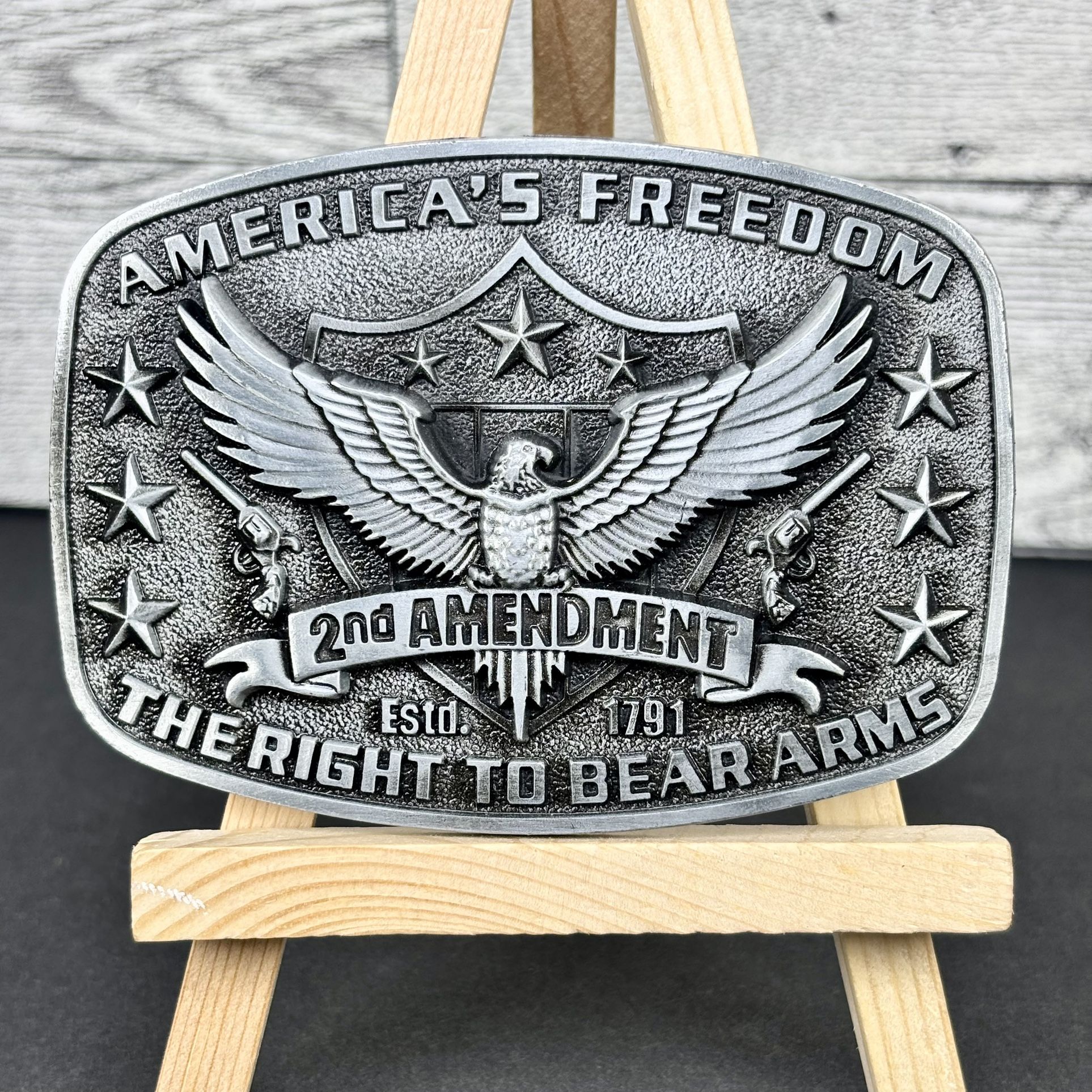 America Second Amendment 2A, 2nd, Freedom, Guns Antique Silver Tone 3d belt buckle