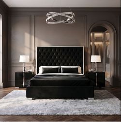 Frame Queen Platform Bed Black Velvet fabric, Metal accents Silver finish. New Especial price
