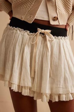 Brand New Free People white frayed mini skirt with black drawstring waistband