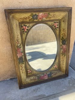 Large Vintage Late 20th Century Tan Hand Painted Wall Mirror With Flowers and Crackled Finish
