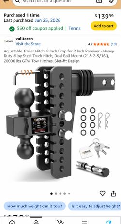 Adjustable Trailer Hitch, 8 Inch Drop for 2 Inch Receiver - Heavy Duty Alloy Steel Truck Hitch, Dual Ball Mount (2” & 2-5/16”), 20000 lbs GTW Tow Hitc