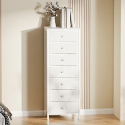 43" Dresser with 7 Drawers White Vertical Storage Tower Fabric Bedroom Closet Organizer Bedside