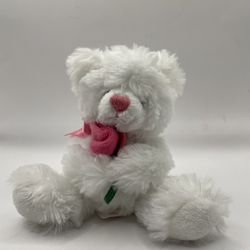 Rosalee Bear- white fuzzy bear holding rose flower- with pink bow- plush