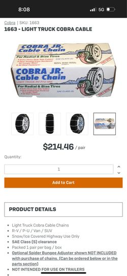 Brand New Cobra Jr. Light Truck Winter Cable Tire Snow Chains – SKU 1663 – Pair