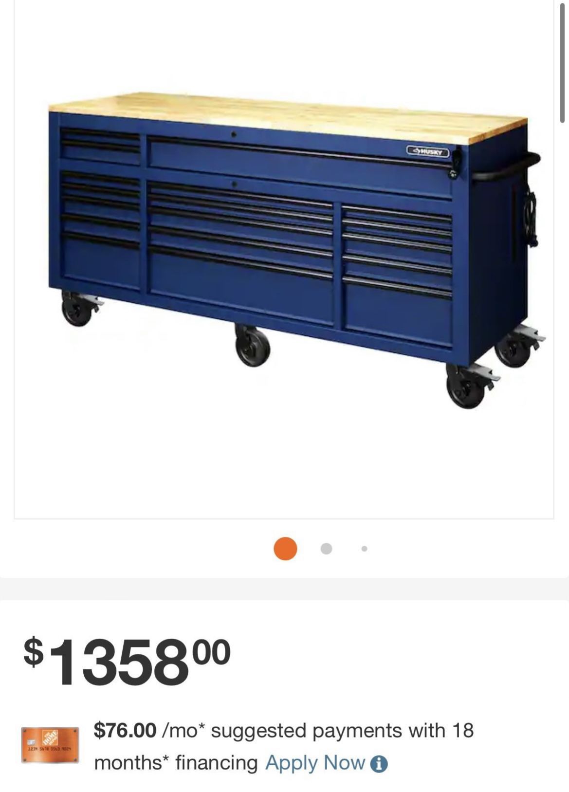 HUSKY 72 IN. W X 24 IN. D HEAVY DUTY 18-DRAWER MOBILE WORKBENCH CABINET WITH ADJUSTABLE HEIGHT SOLID WOOD TOP IN MATTE BLUE