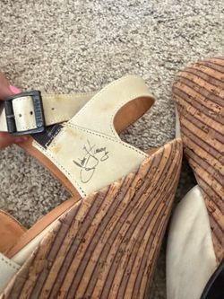 John Fluevog Ivory Leather Cork Wedge Heels Women’s 6.5 Peep Toe Shoes