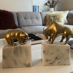 RARE Vintage Gatco Bull and Bear Bookends on White Marble Block