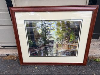 LARGE WOODEN FRAMED "Stone Bridge" PRINT BY Thomas Linker depicting a calm river flowing