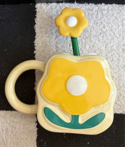 Ceramic Flower Mug with Straw and straw topper