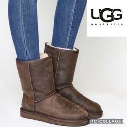 UGG Australia Brownstone 1005093 Classic Short Brown Leather Boots Womens Size 7