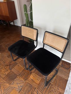 Set of Two Dining Chairs - Black Velvet and Rattan