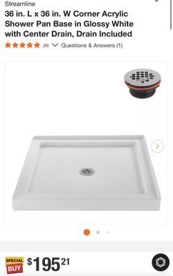 36” X 36” Corner Acrylic Shower Pan Base In Glossy white with center drain (drain included)