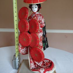 18" Antique/Vintage Japanese Geisha Doll With 7 Hats In Red Kimono