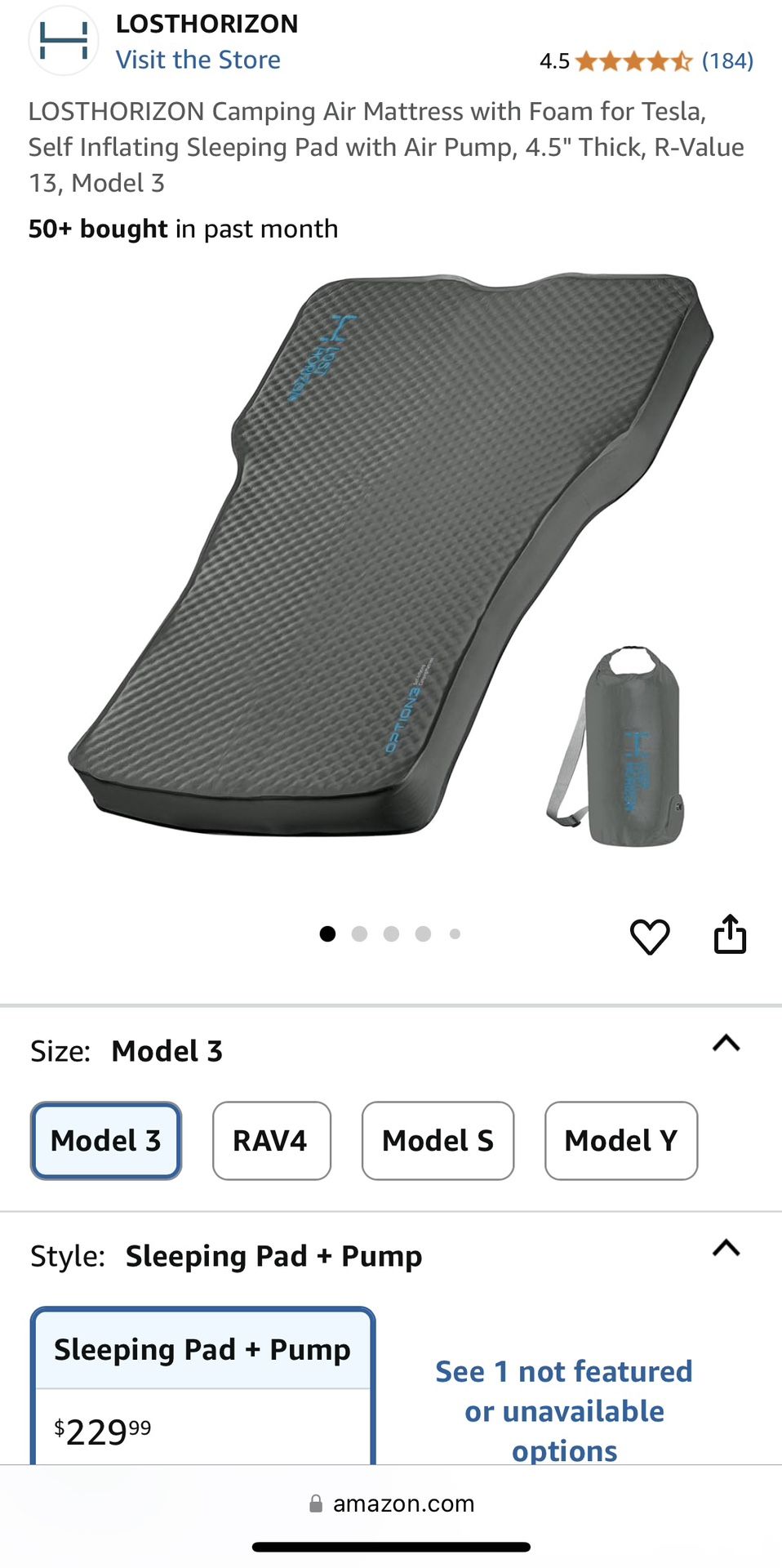 LOSTHORIZON Camping Air Mattress with Foam for Tesla, Self Inflating Sleeping Pad with Air Pump, 4.5" Thick, R-Value 13, Model 3