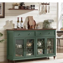 Large Sideboard Buffet Cabinet with Storage,59" Credenza with 4 Glass Doors & 2 Drawers,Adjustable Shelves Coffee Bar,Wood Kitchen Console Table for D