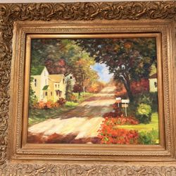  LLF – Vintage Countryside Road Painting (Ornate Gold Frame)