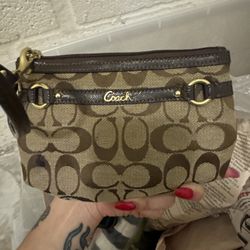 Coach Brown Logo Signature Beige Canvas Brown Trim Wristlet Wallet Purse Bag