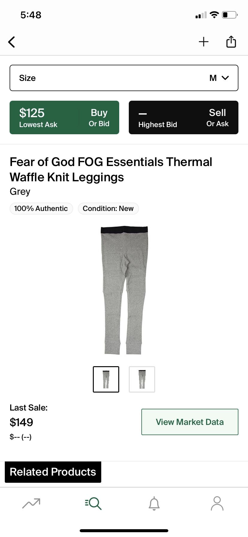 FEAR OF GOD FOG Essentials Thermal Waffle Knit Leggings Grey Men's