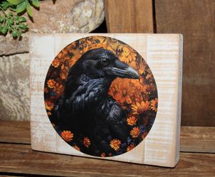 NEW Moody Raven Crow Black Bird & Floral Primitive Fall Farmhouse Wall Decor Pallet Box Sign