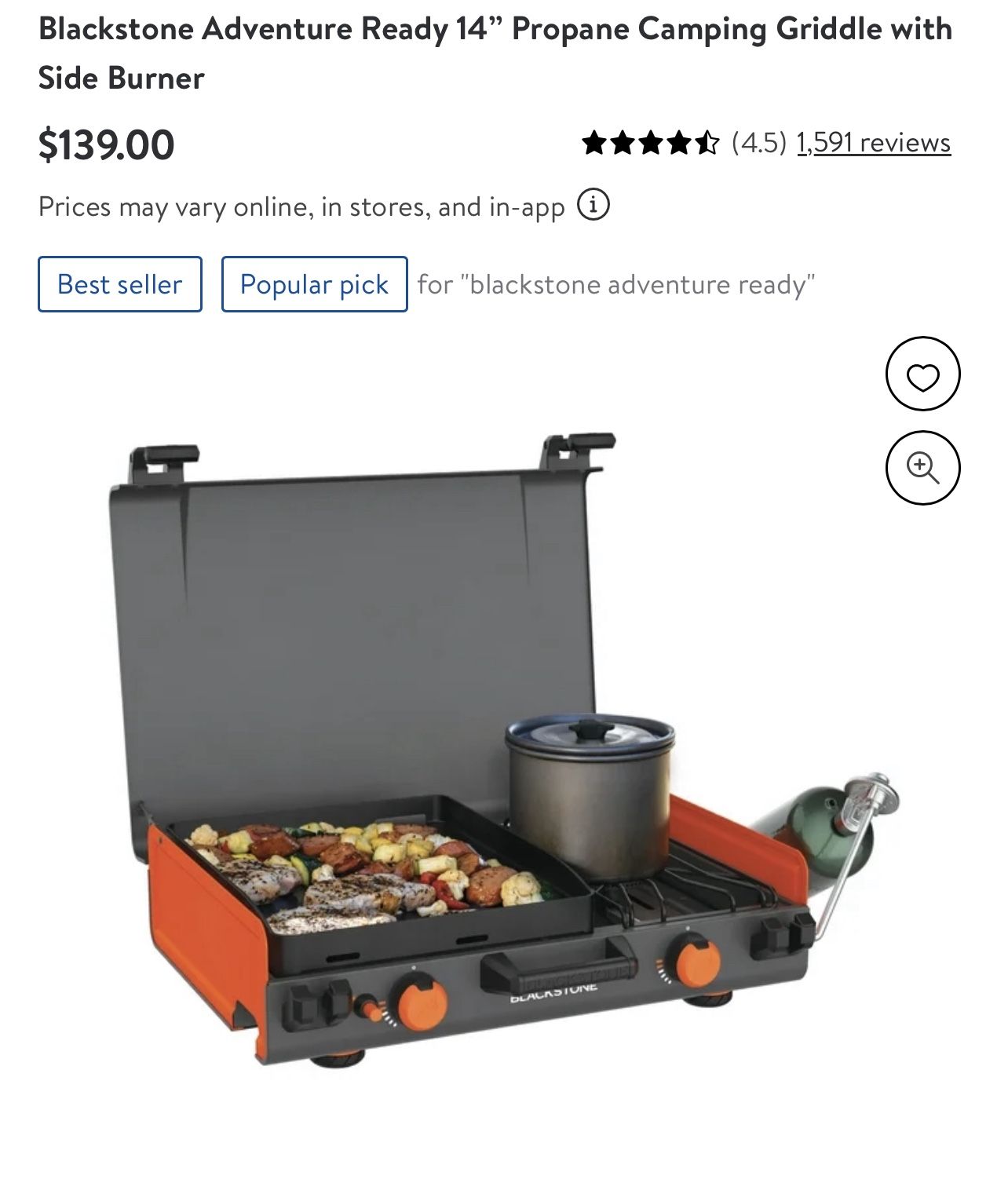 Blackstone Adventure Ready 14" Propane Camping Griddle with Side Burner