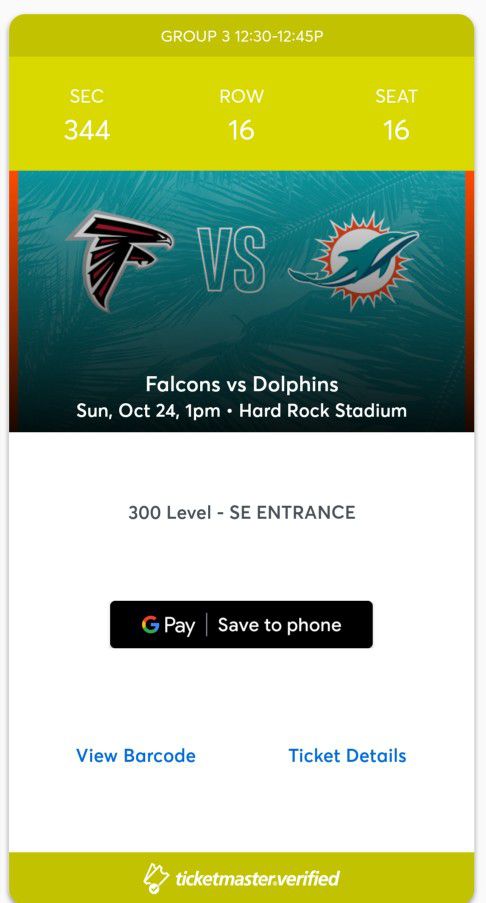 2 Dolphins Tickets w/ Parking Pass For October 24,2021 1:00pm Game VS. Atlanta Falcons