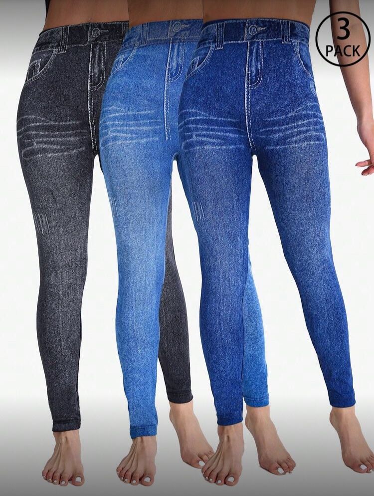 3-Pack Women's Casual Solid Color Jegging Leggings, High Stretch Skinny Pants Suitable For Sports, Fitness, Outdoor, Vacation, Black, Blue Soft & Comf