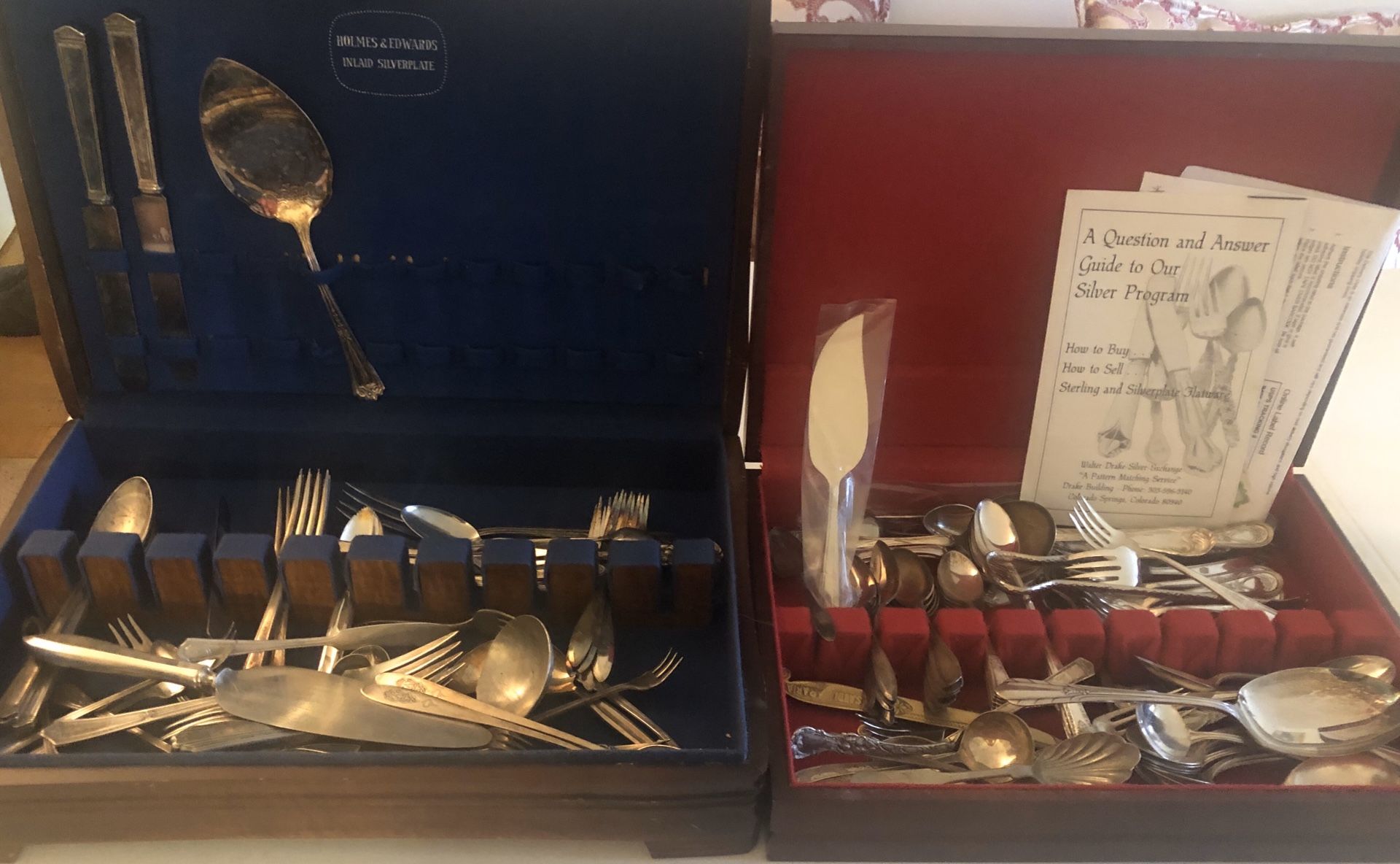 Antique Silverplate flatware and 2 wooden box mix match