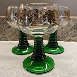 Vintage Green Stem Bockling Large Wine Glasses - Set of 3