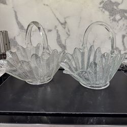 Edited to “Vintage Le Smith Feather Basket with Handle,Clear Glass Centerpiece 1950s (3 available) $95 ea
