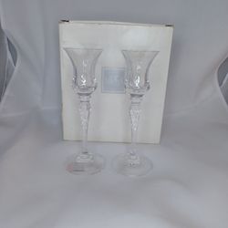 PAIR (2) MIKASA "TRAVIATA" AUSTRIAN CLEAR CRYSTAL CANDLE HOLDERS 7.5" TALL NIB