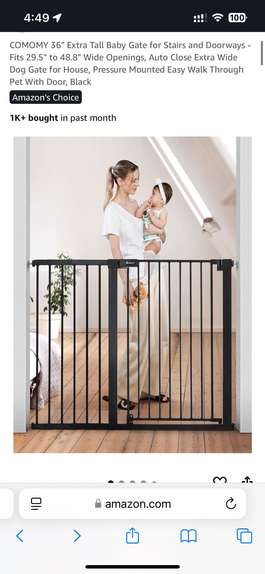COMOMY 36" Extra Tall Baby Gate for Stairs and Doorways - Fits 29.5" to 48.8" Wide Openings, Auto Close Extra Wide Dog Gate for House, Pressure Mounte
