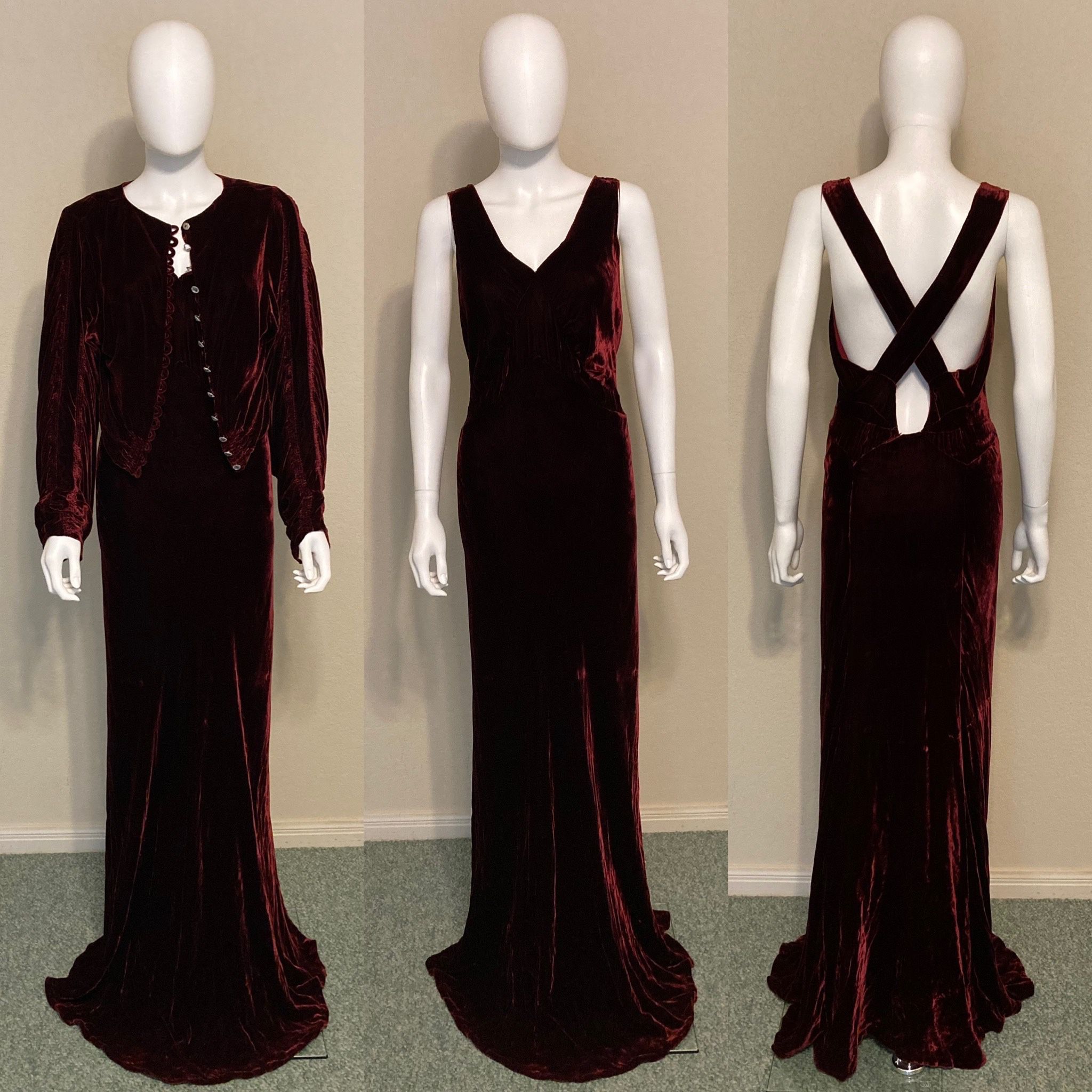 Antique Vintage 1930s Couture Burgundy Velvet Evening Gown And Jacket