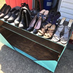 11 Pair Ladies Heels With A Storage Bench On Wheels Sold Together 