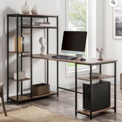 Computer Desk With Multiple Storage Shelves, Modern Large Office Desk With Bookshelf And Storage Space(Tiger)
