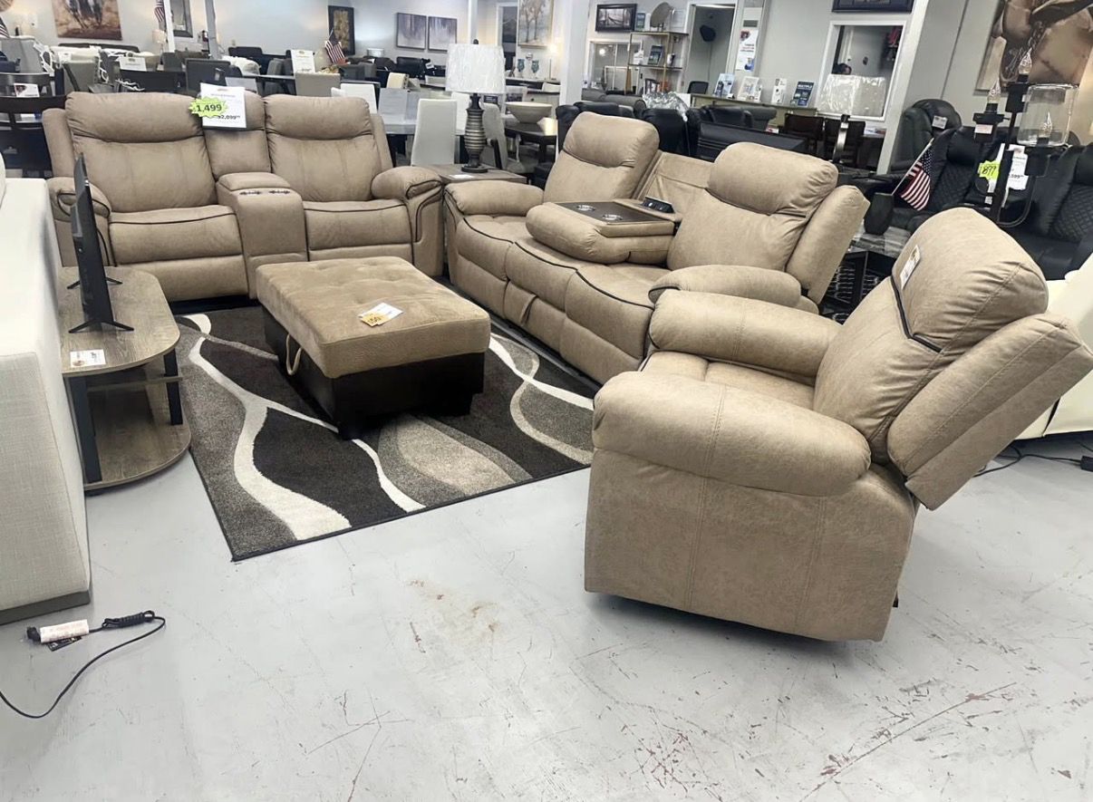 Beige Manual Reclining Couch Set