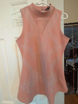 Embellished mock-neck sleeveless top with sheer mesh V-cut