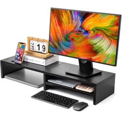 HUVIBE Monitor Stand Riser,2 Tiers Wood Laptop Computer Monitor Riser Stand with Storage Organizer.Desktop Screen Monitor Stand Riser with Storage Org