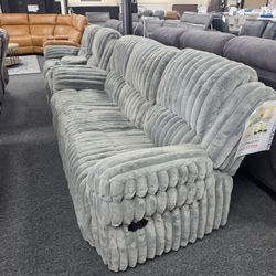 Gray Plush Ribbed Reclining Sofa Set 🚚WE DELIVER🚚