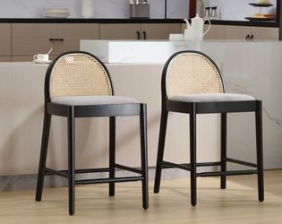 New Modern 26-inch CounterHeight Stool Grey with Rattan Cane Arched Backrest and Black Wood Frame, Set of 2.