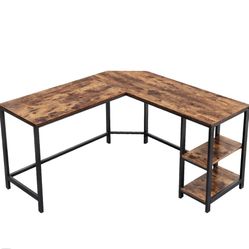 L Shape Wood and Metal Frame Computer Desk with 2 Shelves, Brown and Black
