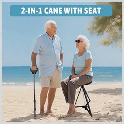 ALEVMOOM Walking Cane with Seat Folding Lightweight, 2-in-1 Cane Stool for Adults, Aluminum Walking Stick with Seat, Portable Stool for Senior, with C
