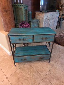 Rustic Metal and wood  teal side table