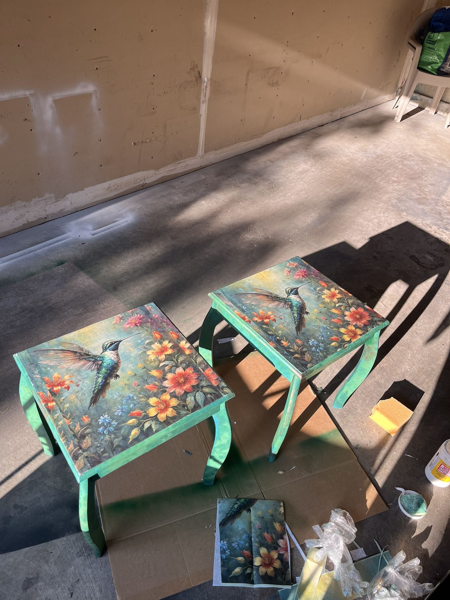 Decoupaged End Tables ! Beautiful Blues And Greens And Hummingbirds ! Real Wood And Absolutely Only 2 Of A Kind