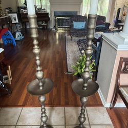 Antique 50" Moroccan Etched Brass Pillar Floor Altar Candlestick Candle Holder Pair